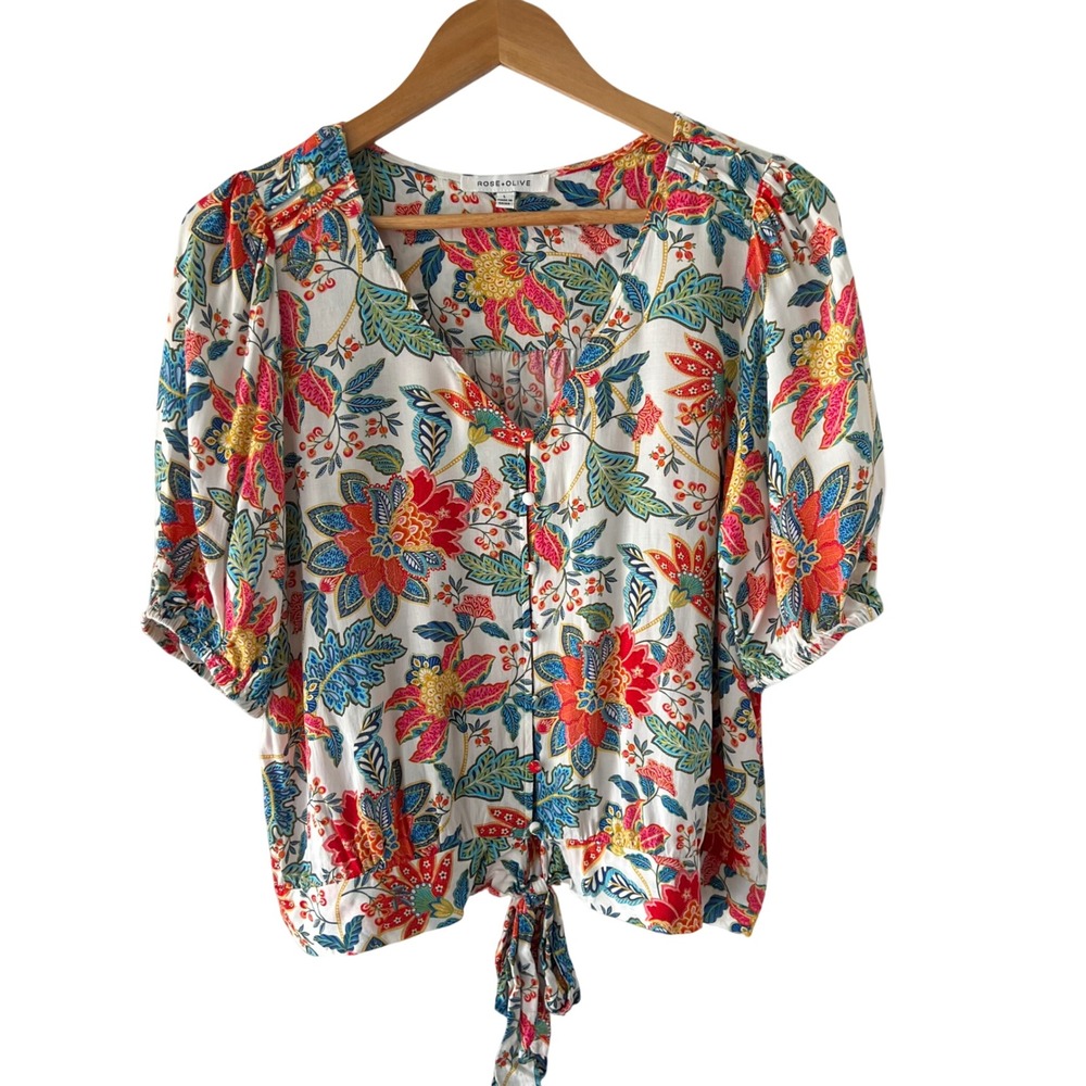 Rose + Olive Tropical Floral Tie Front Puff Sleeve Rayon Boho Blouse Top L